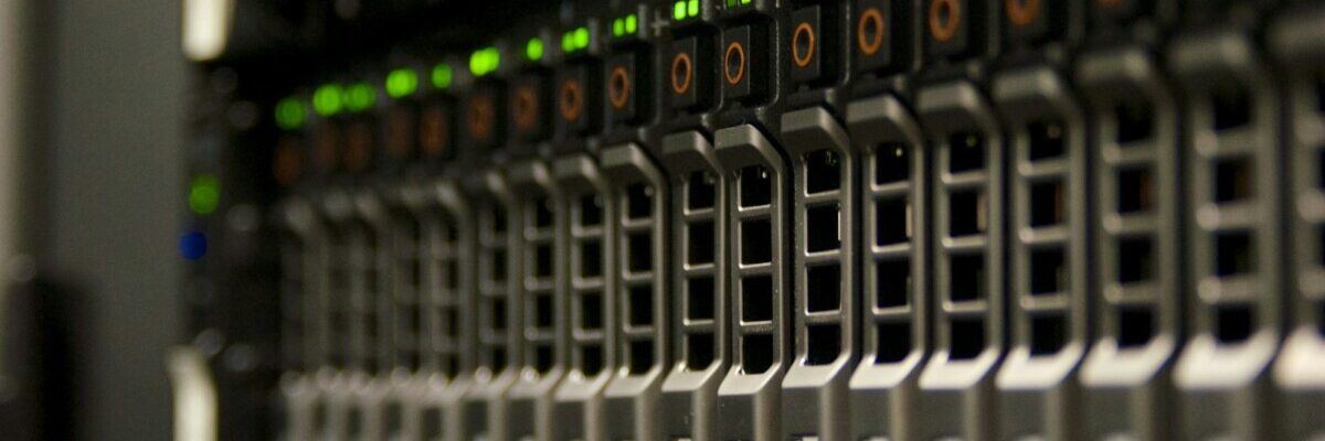 Server rack with blinking green lights