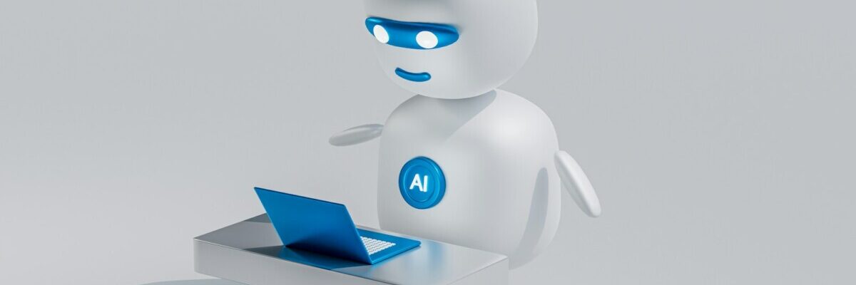a white robot with blue eyes and a laptop