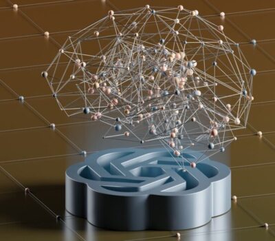 a computer generated image of a network and a laptop