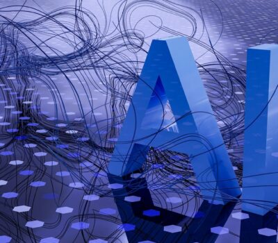 3D rendered ai text on dark digital background