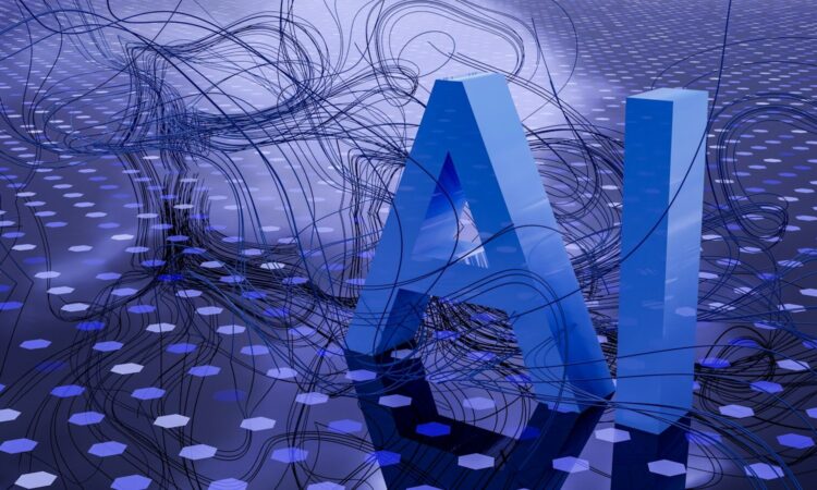 3D rendered ai text on dark digital background