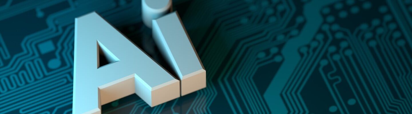 The letters AI in white 3D block font on a dark teal circuit board