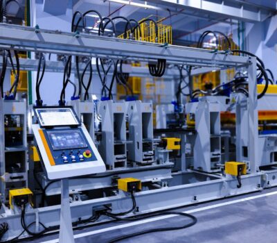 A control panel with a touchscreen on an industrial manufacturing machine in a factory